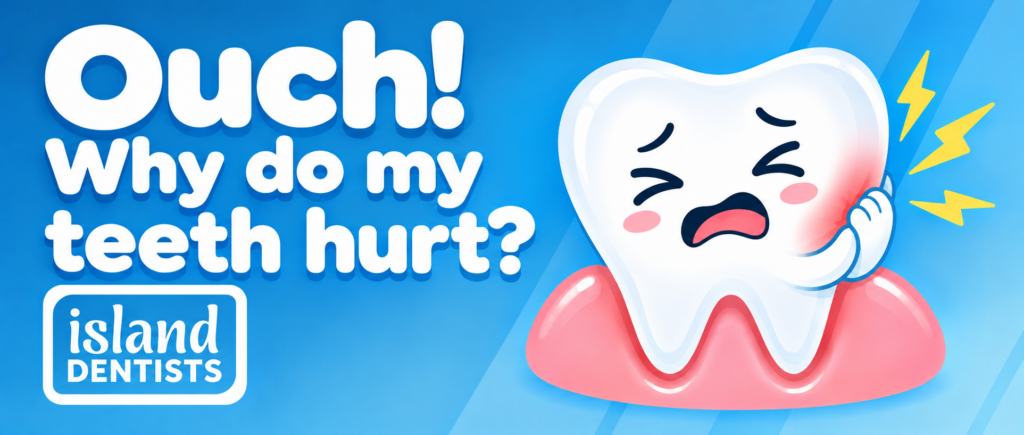 Cartoon tooth wincing in pain, illustrating tooth sensitivity, with Island Dentists logo