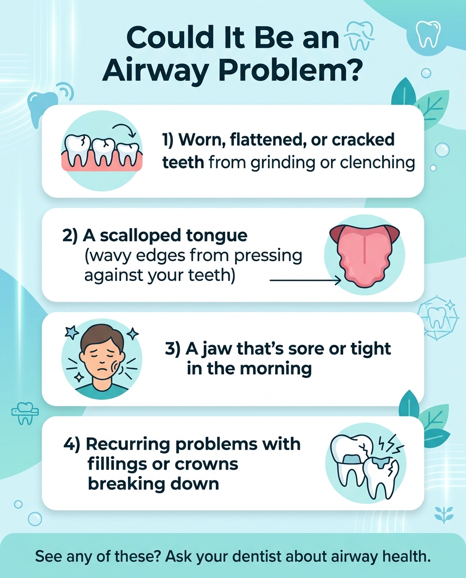 Infographic listing four signs of an airway problem: worn or cracked teeth, a scalloped tongue, a sore jaw in the morning, and recurring filling or crown problems