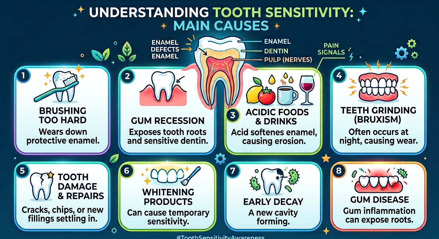 Infographic showing 8 main causes of tooth sensitivity: brushing too hard, gum recession, acidic foods and drinks, teeth grinding, tooth damage, whitening products, early decay, and gum disease