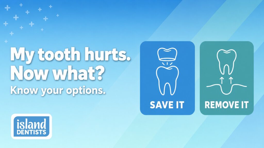 Illustration comparing saving a tooth with a root canal versus removing it with an extraction