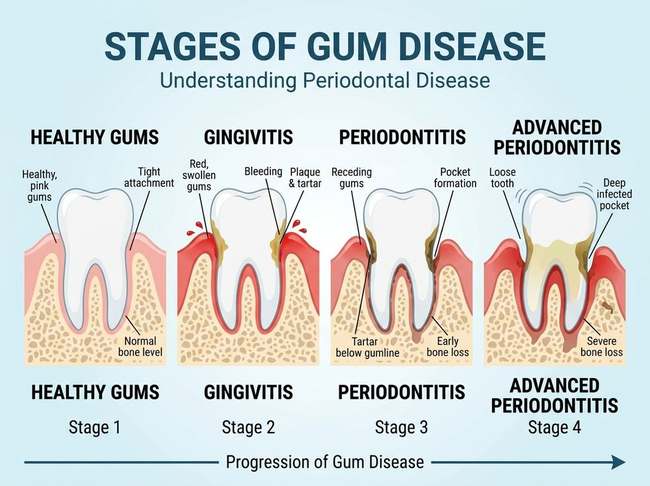 Diagram showing the four stages of gum disease: healthy gums, gingivitis, periodontitis, and advanced periodontitis.
