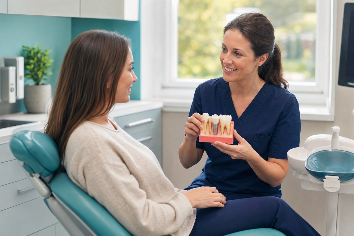 Dentist explaining a dental crown to a patient at Island Dentists