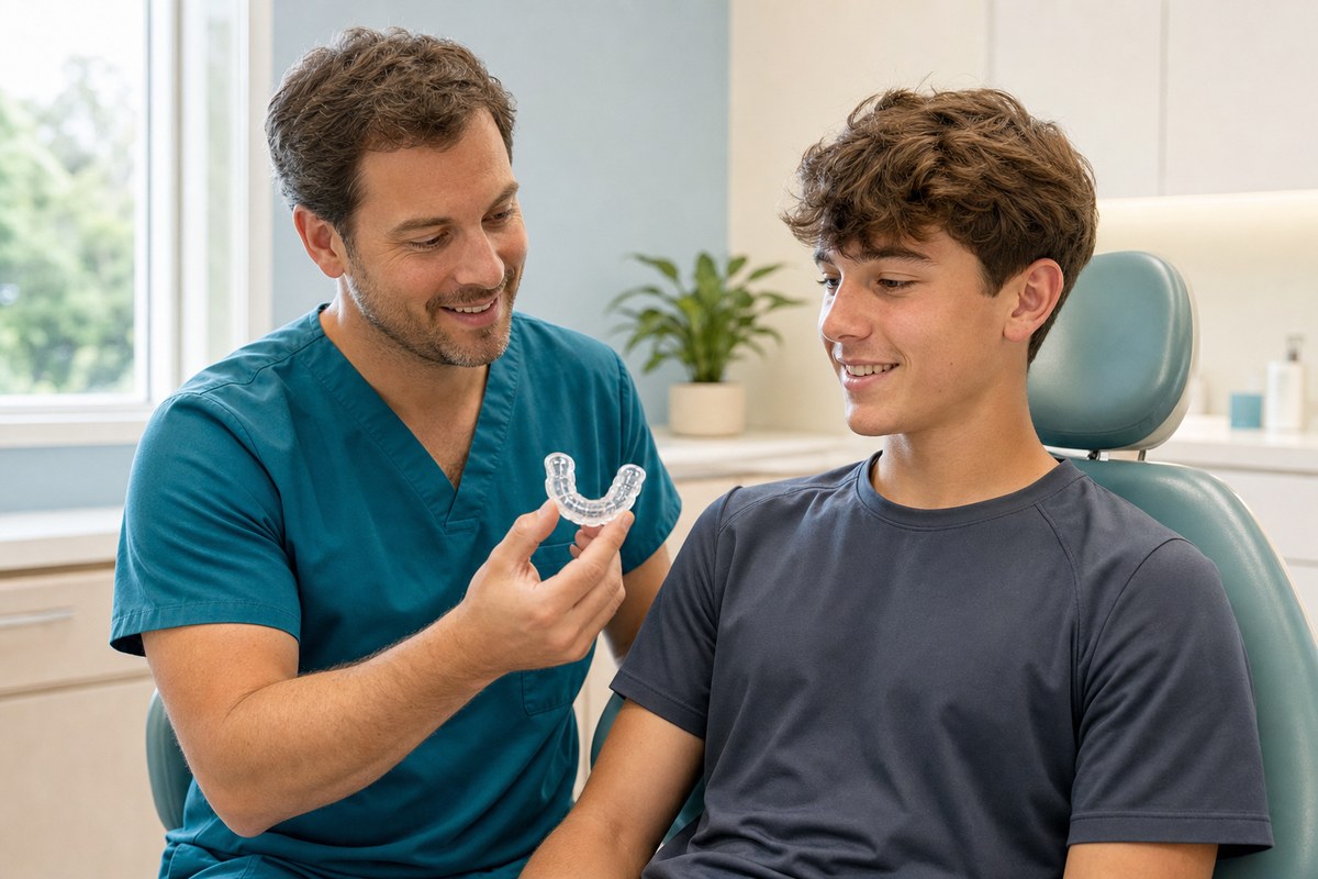 Dentist showing a clear custom sports mouthguard to a teenage patient at Island Dentists in Palatka, FL