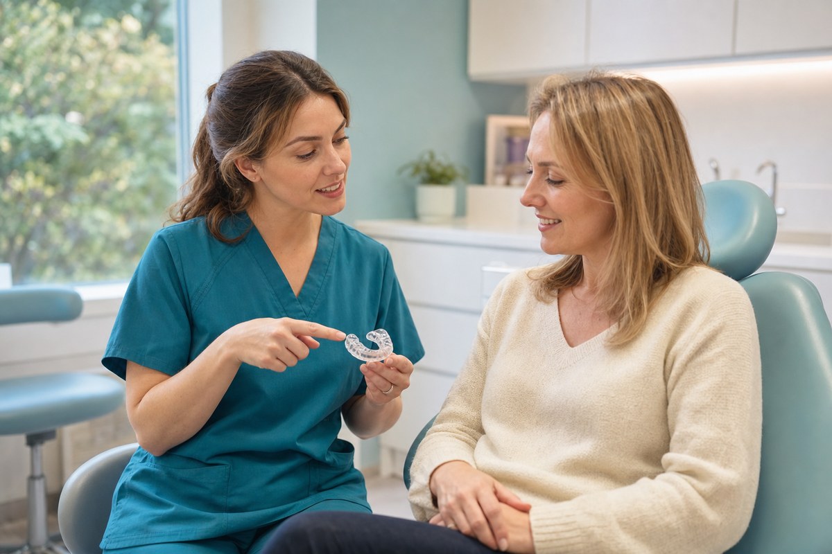 Dental team member explaining a custom night guard to an adult patient