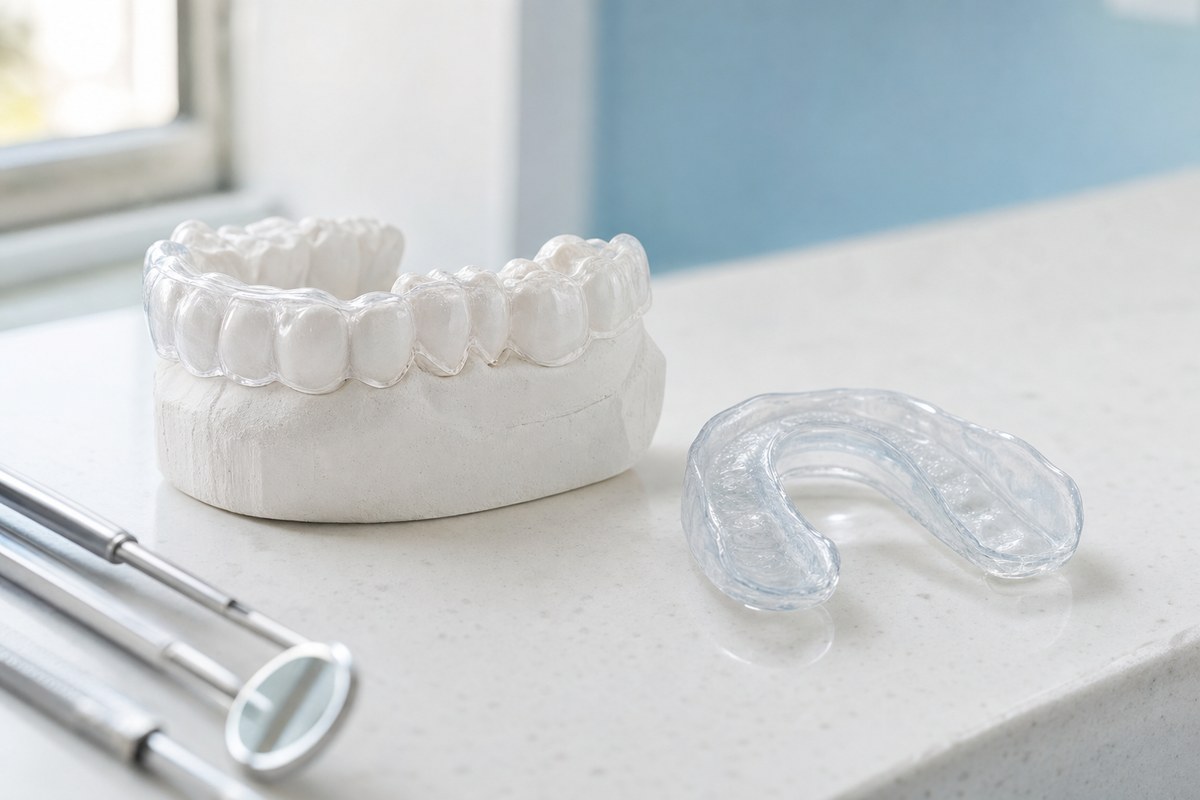 Clear custom-fitted mouthguard on a plaster dental model of upper teeth