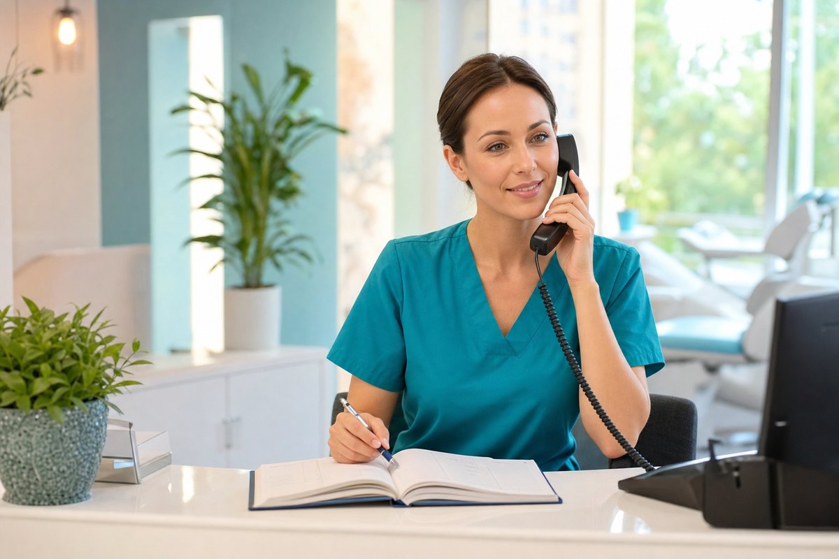 Front desk team member at Island Dentists answering an emergency dental call