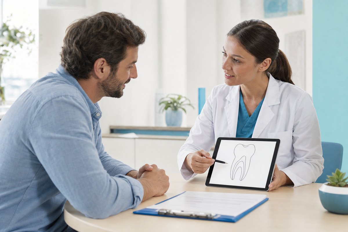 Dentist reassuring a patient during an urgent dental visit