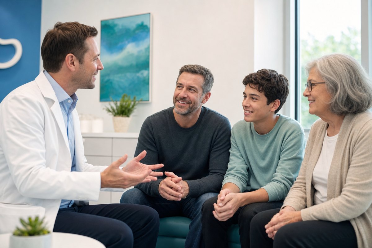 Dentist talking with a family in a bright consultation room
