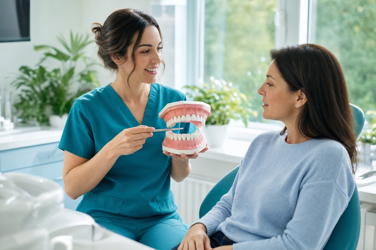 Hygienist pointing to healthy gums on a dental model at Island Dentists